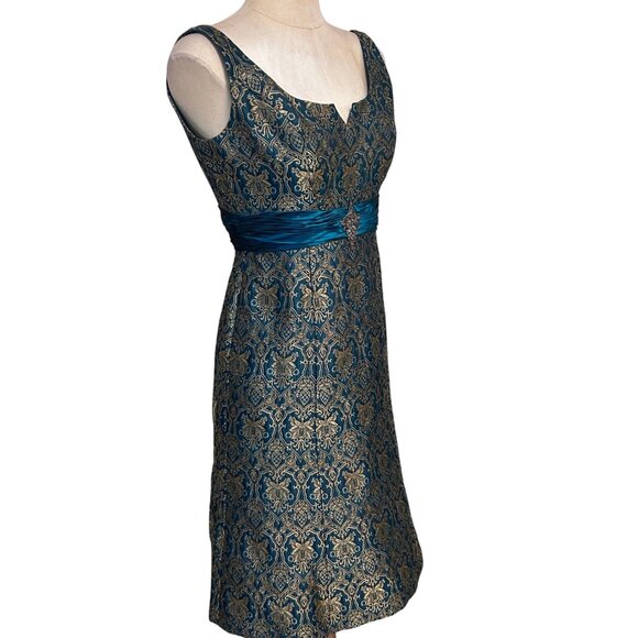 Badgley Mischka Metallic Gold Teal Green Midi Evening Cocktail Dress size 2 - Picture 2 of 4